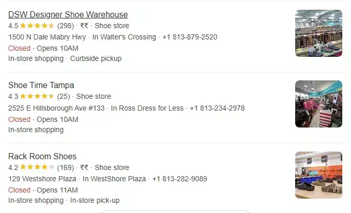 Example of Google’s three pack showing top three shoe stores in Tampa
