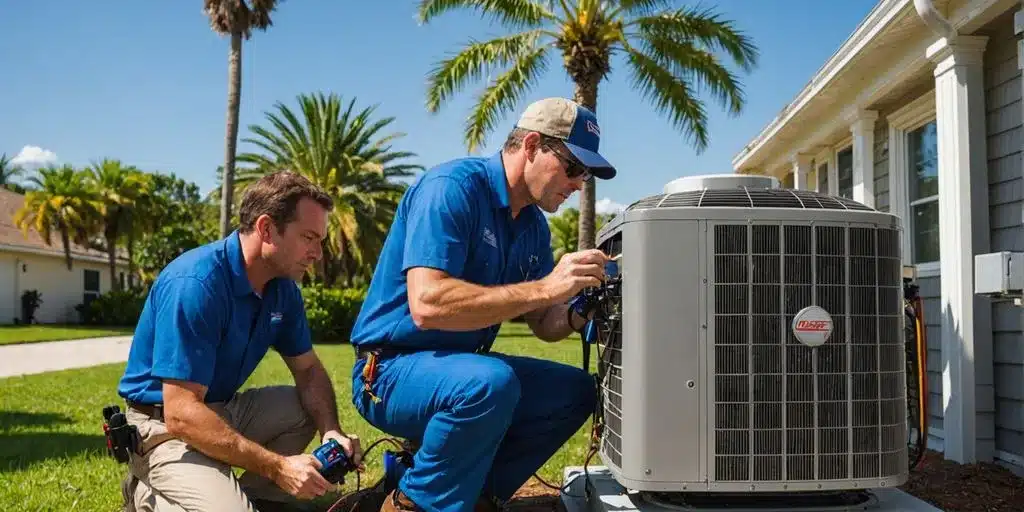 HVAC technician fixing AC unit outside Florida home