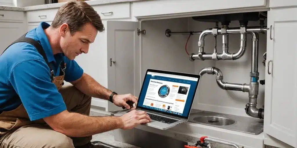 Plumber working under sink with laptop